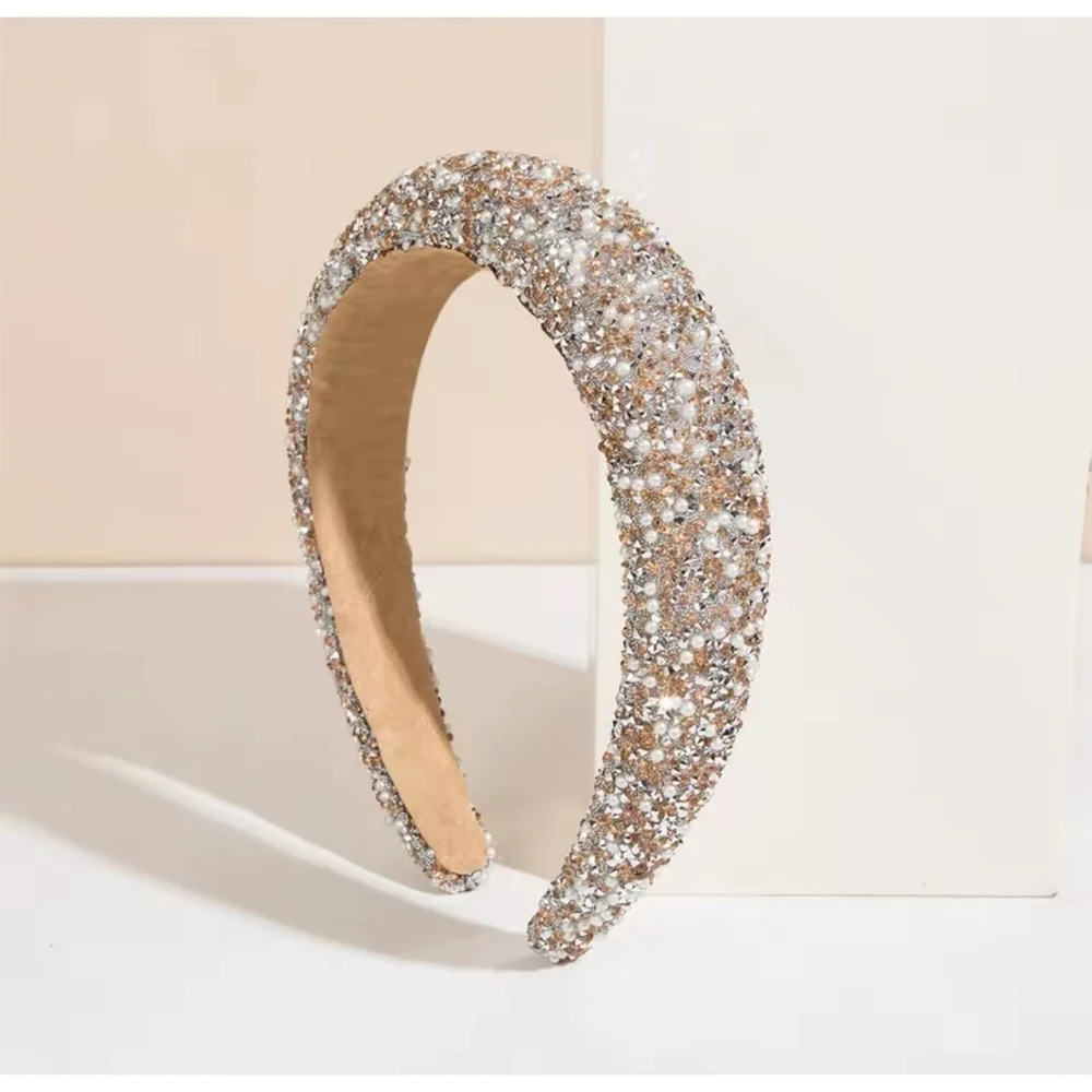 Thick Knitting Headband Padded Shiny One Size Champagne Rhinestone